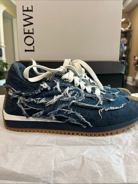 Loewe Shoes - Loewe Distressed Denim Runner Sneakers in Blue with Cream Laces